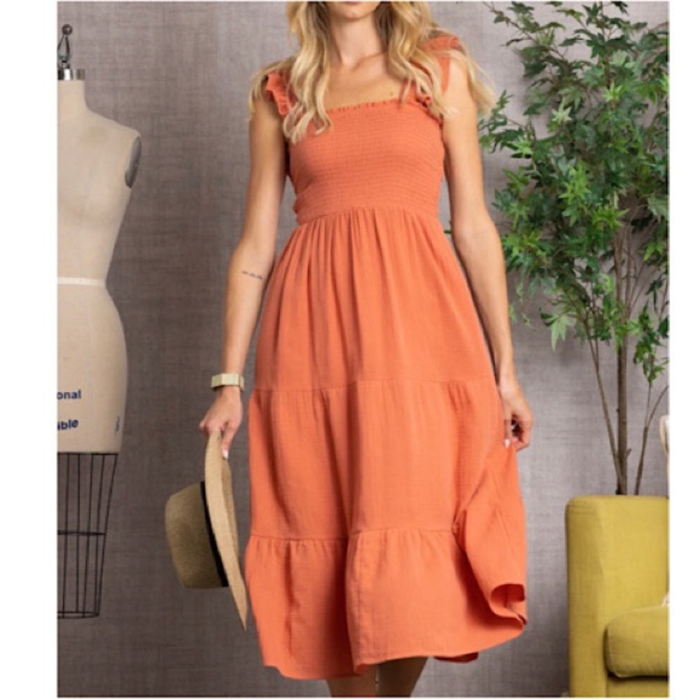 NWT Sexy Cut Out Basket  Back Orange Cotton Midi Dress Bohemian Y2K Summer Dress